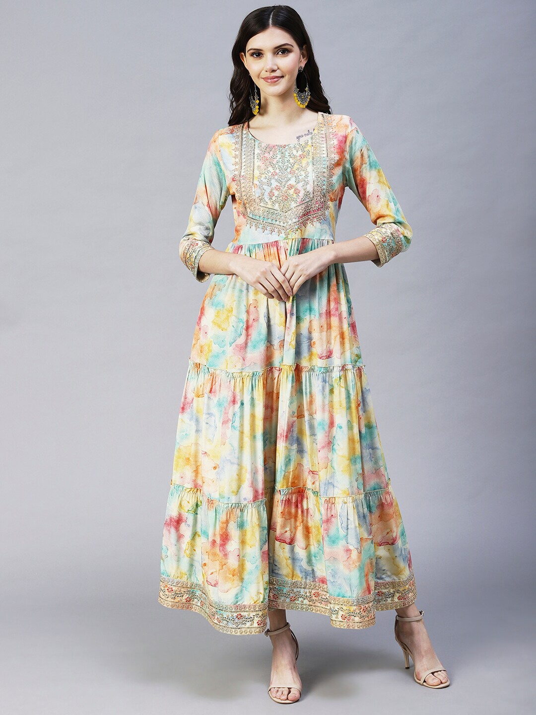 

FASHOR Women Off White & Blue Ethnic Maxi Dress