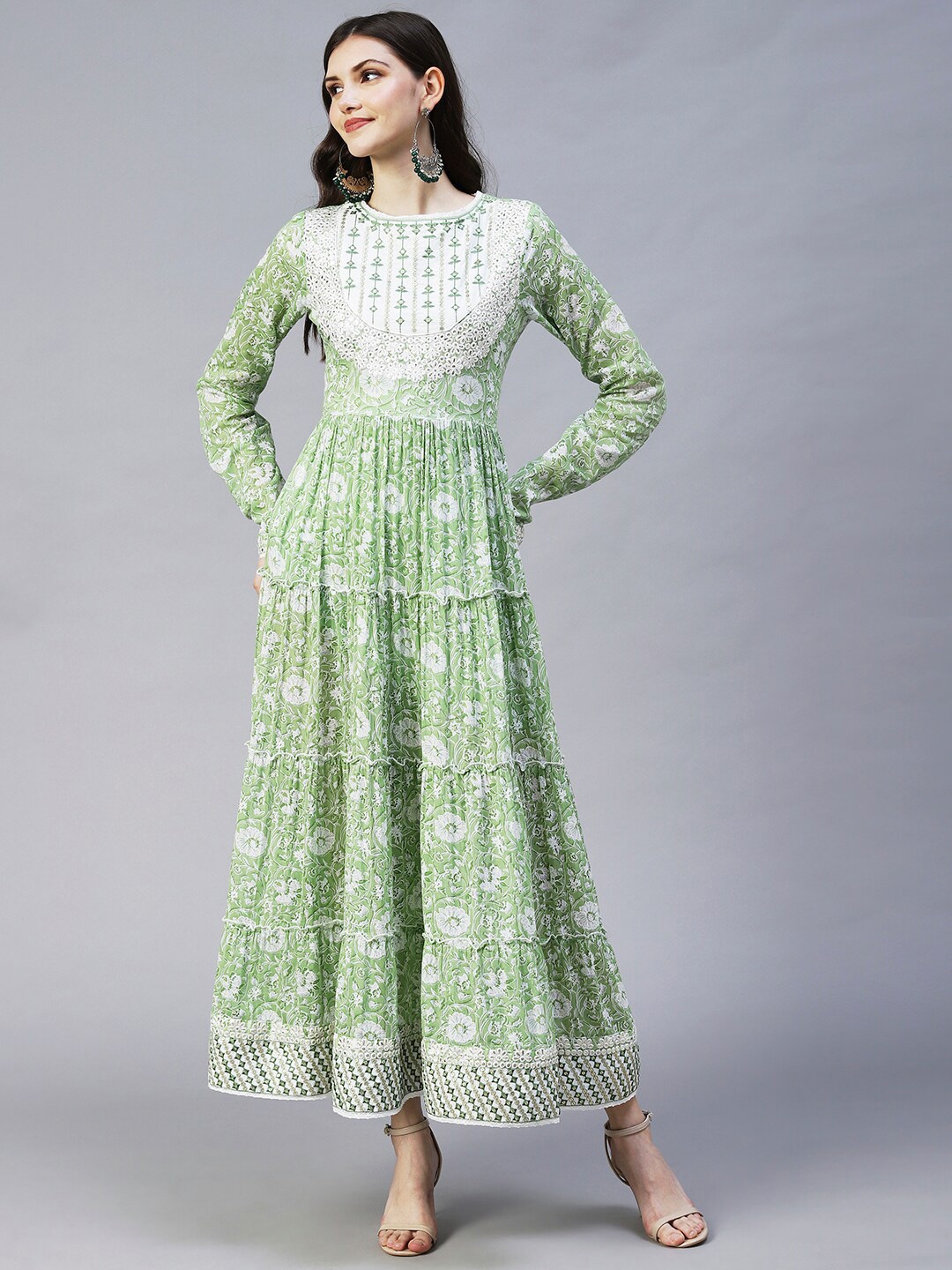 

FASHOR Women Green & White Floral Maxi Cotton Dress