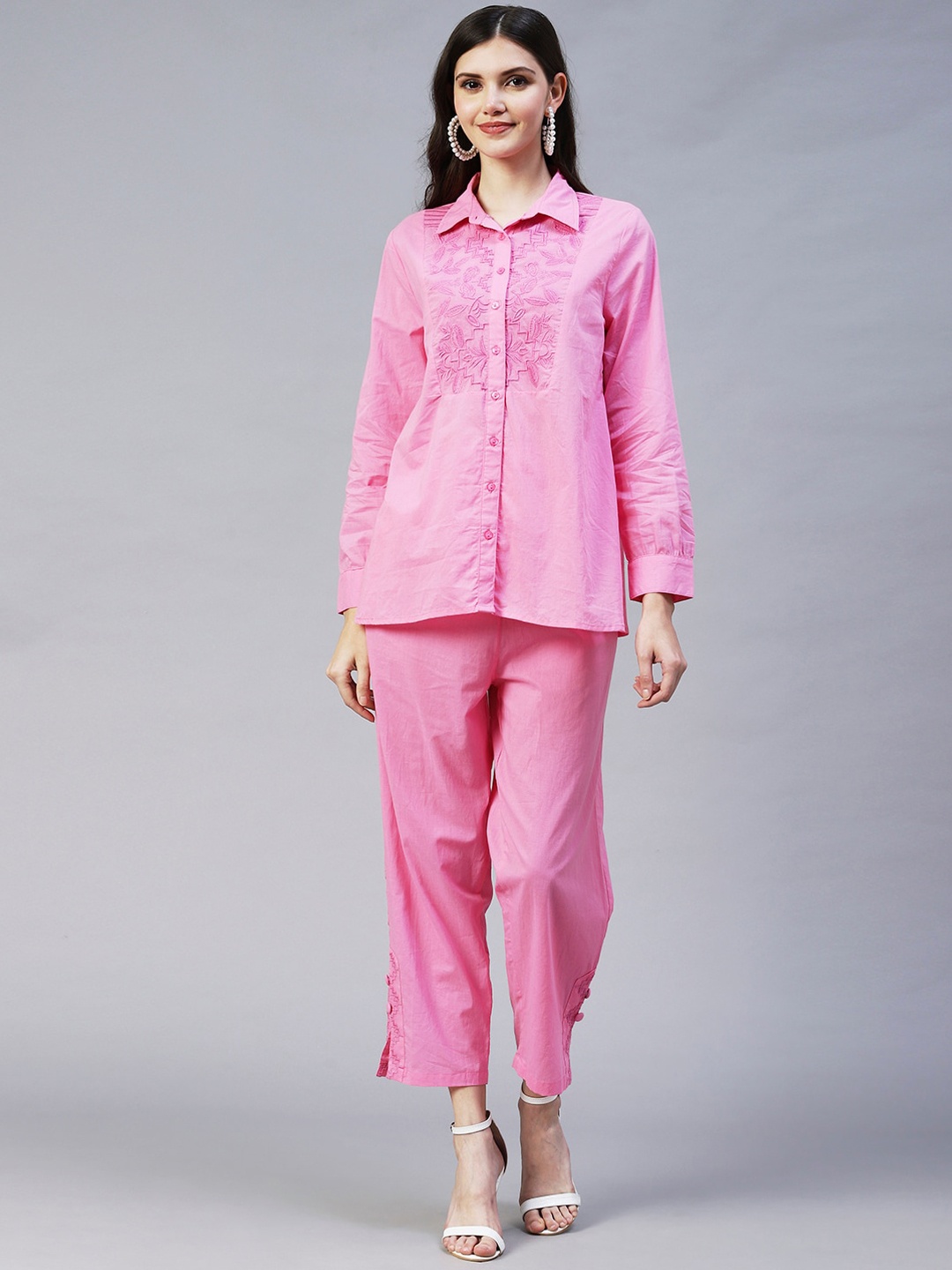 

FASHOR Women Pink Embroidered Pure Cotton Co-Ords