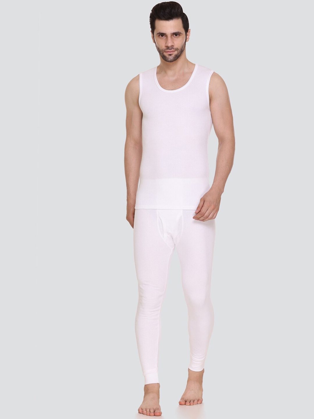 

Aerowarm Men White Ribbed Thermal Top & Bottom