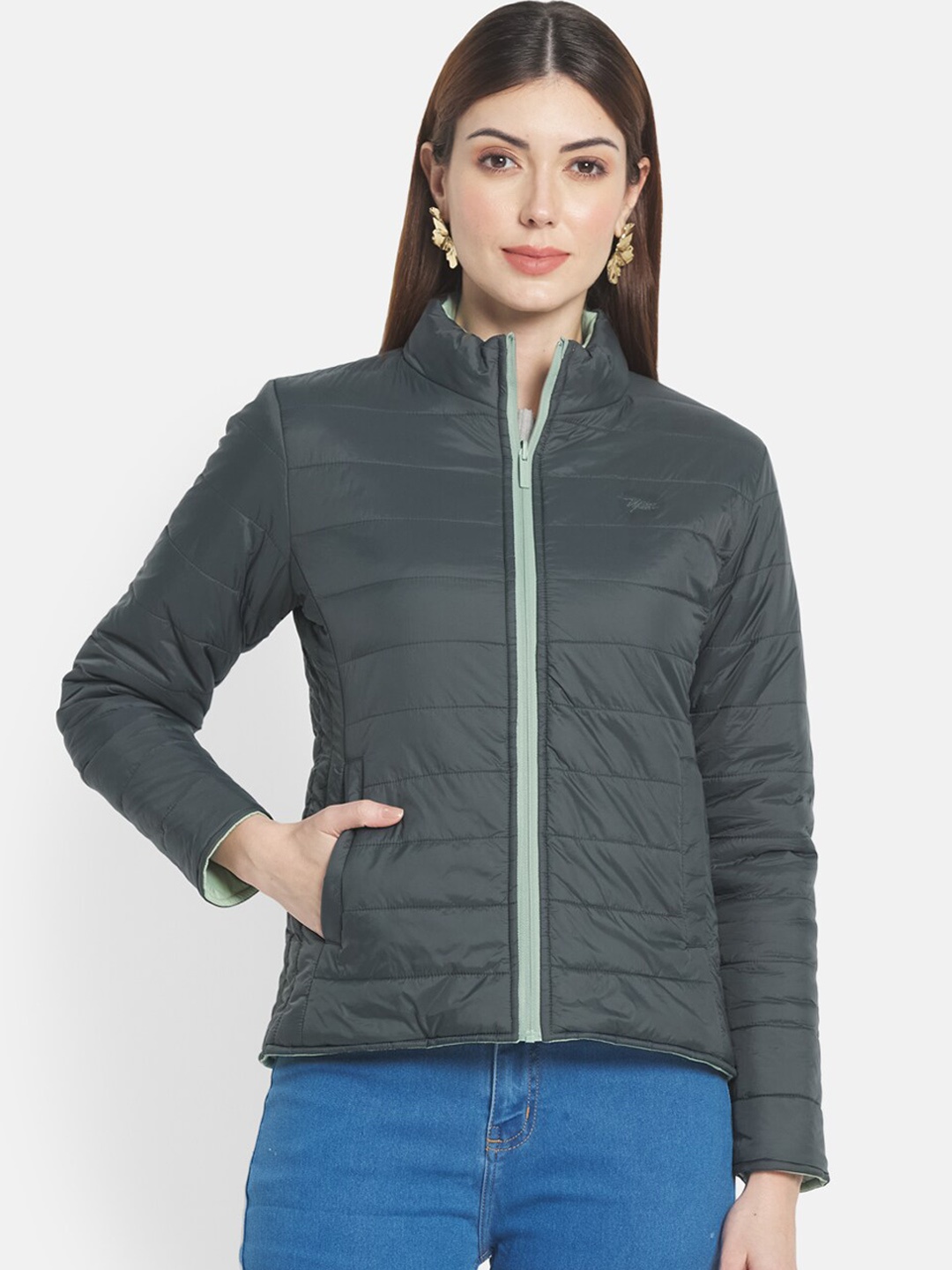 

METTLE Women Olive Green Stand Collar Padded Jacket
