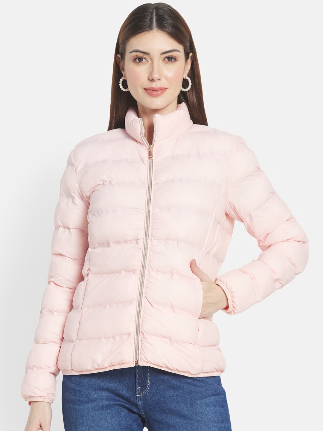 

METTLE Women Peach-Coloured Stand Collar Padded Jacket