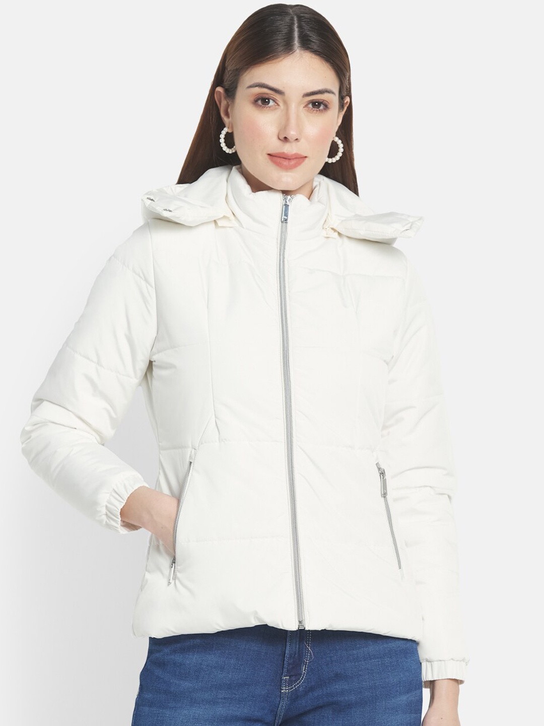 

METTLE Women White Hooded Parka Jacket