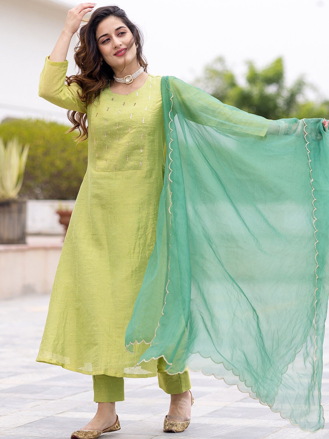 

Ambraee Women Green Sequinned Kurta with Salwar & Dupatta