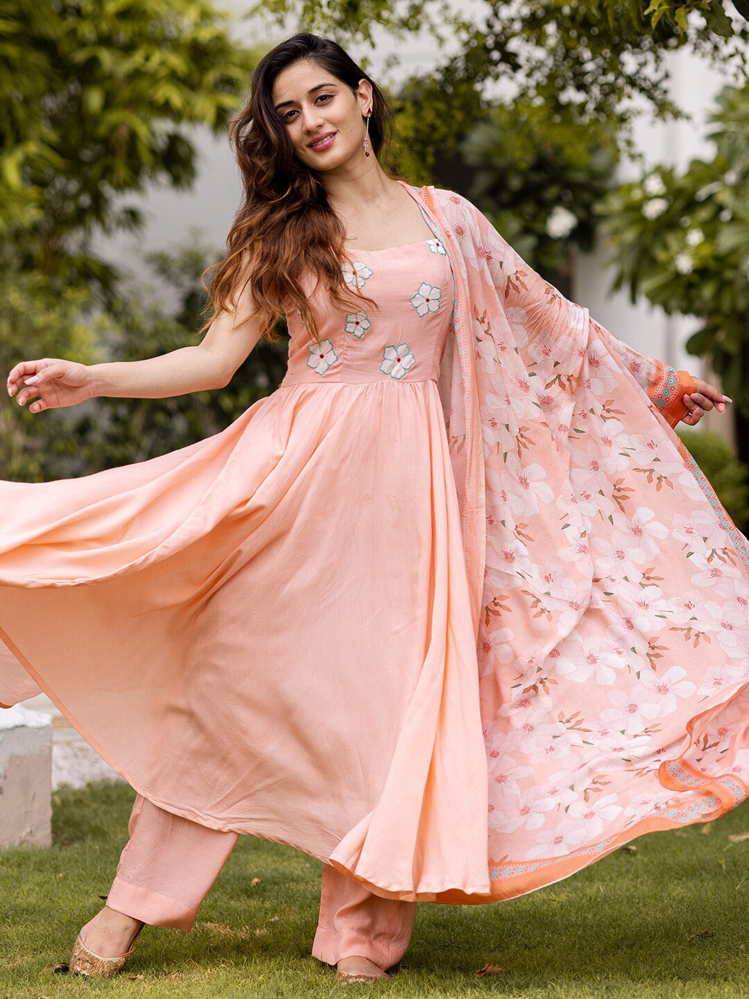 

Ambraee Women Peach-Coloured Embroidered Empire Kurta with Salwar & Dupatta