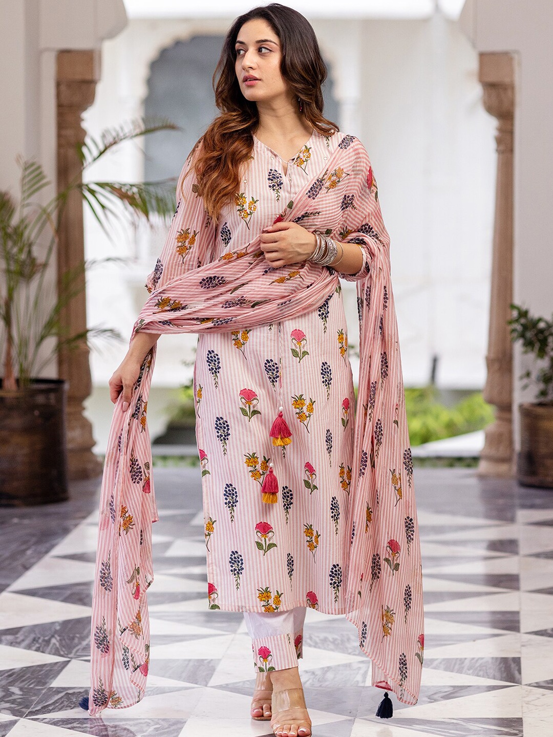 

Ambraee Women Pink Floral Printed Mirror Work Kurta with Trousers & Dupatta