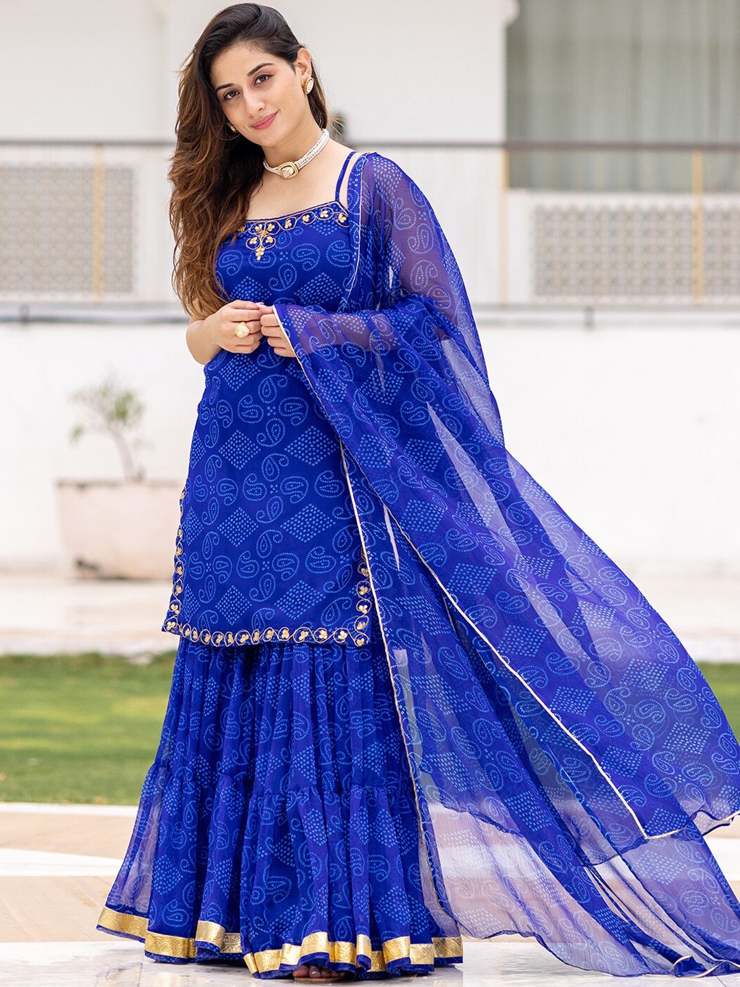 

Ambraee Women Blue Bandhani Printed Gotta Patti Kurta with Sharara & Dupatta