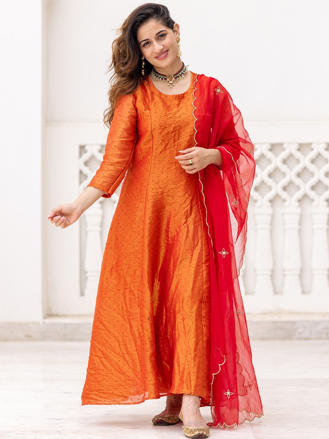

Ambraee Women Rust Printed Pleated Kurta With Leggings With Dupatta