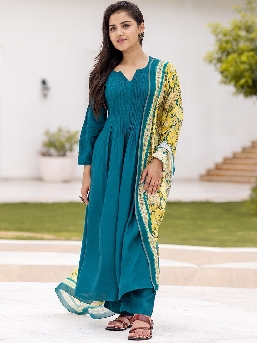 

Ambraee Women Teal Kurta with Trouser With Dupatta