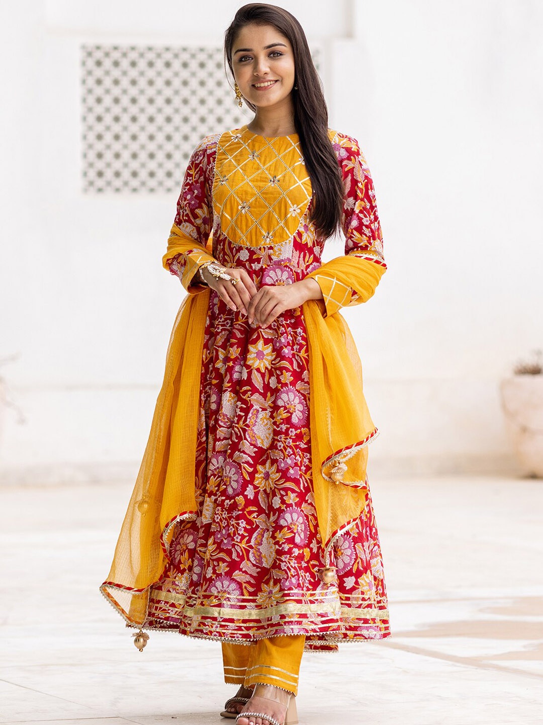 

Ambraee Women Red Floral Yoke Design Kurta with Trousers & Dupatta