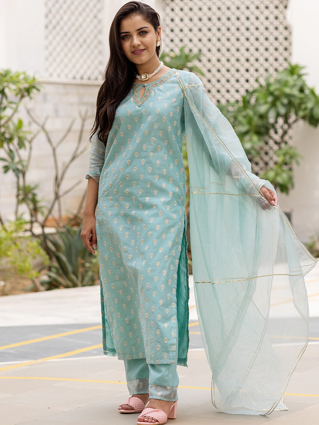 

Ambraee Women Blue Ethnic Motifs Printed Kurta with Trousers & With Dupatta