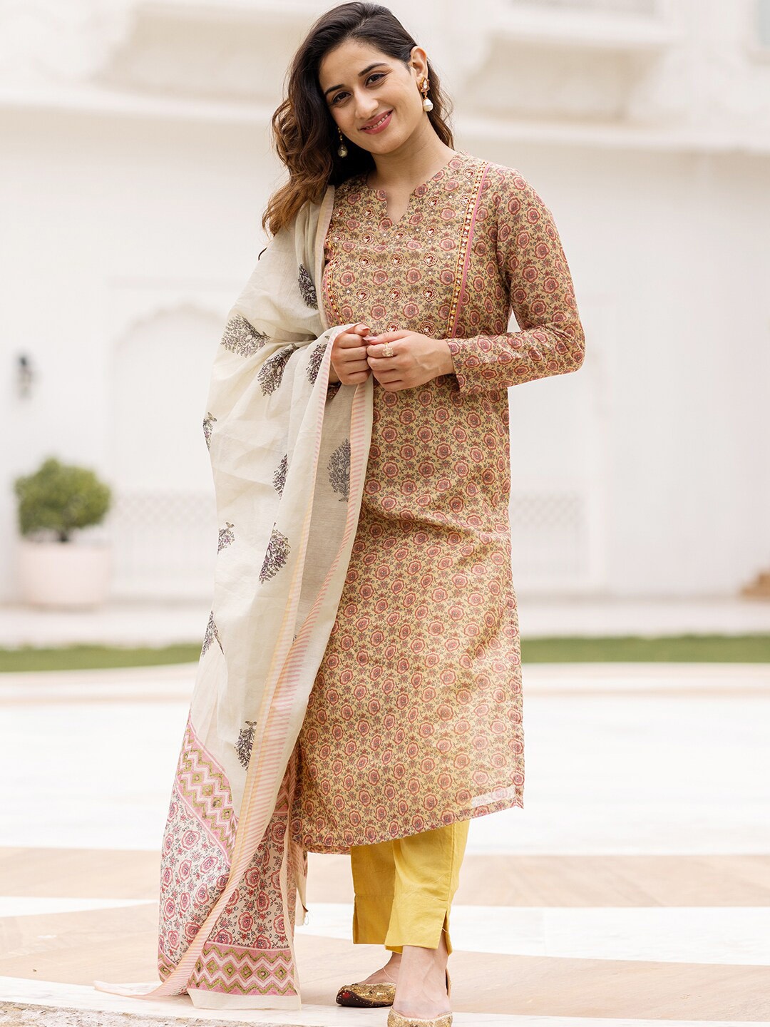 

Ambraee Women Beige Printed Chanderi Cotton Kurta with Trousers With Dupatta