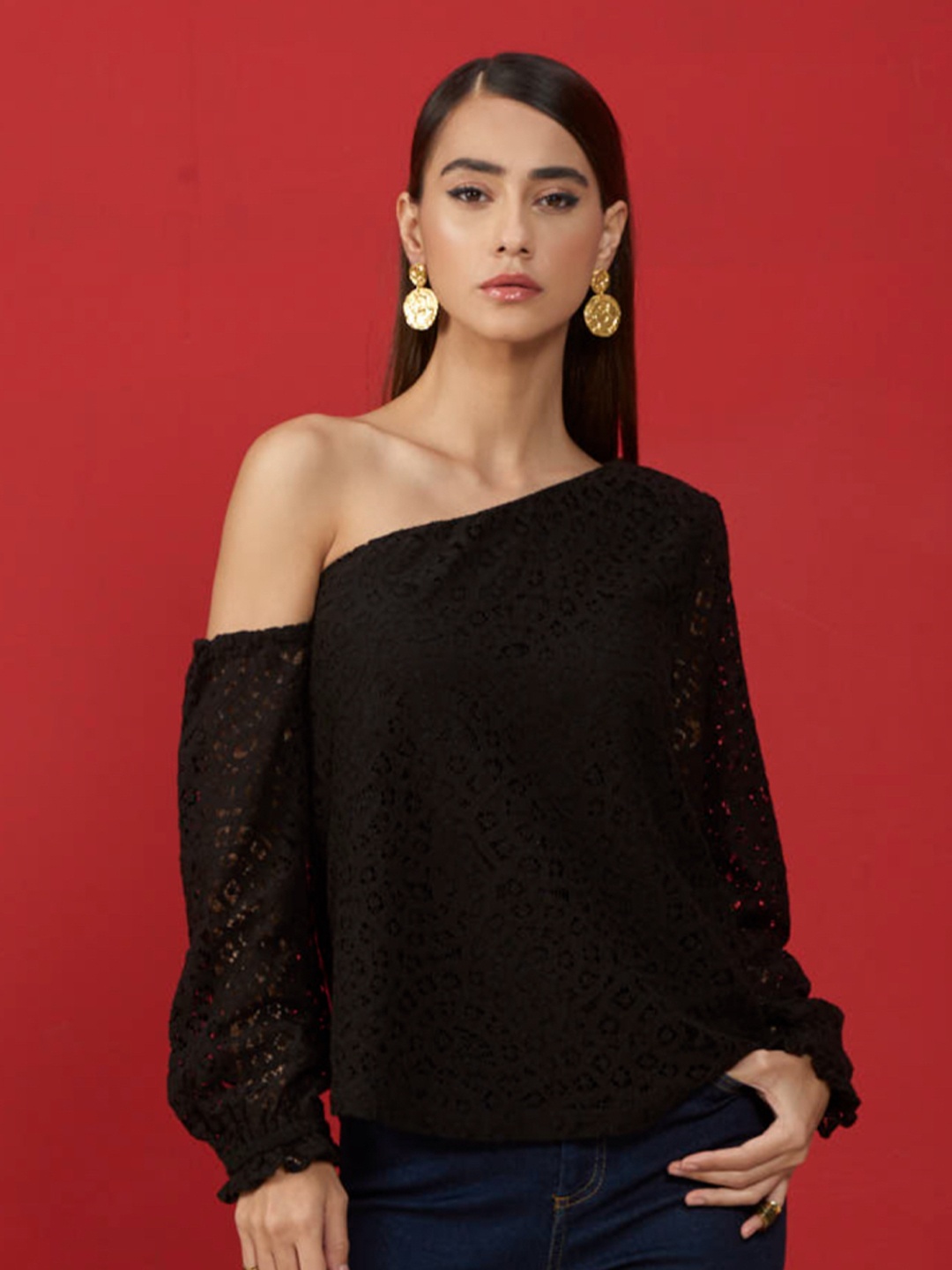 

Style Island One Shoulder Lace-Up Top, Black