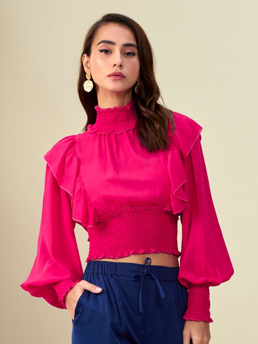 

Style Island Women Pink Bishop Sleeves Ruffles Crepe Crop Top