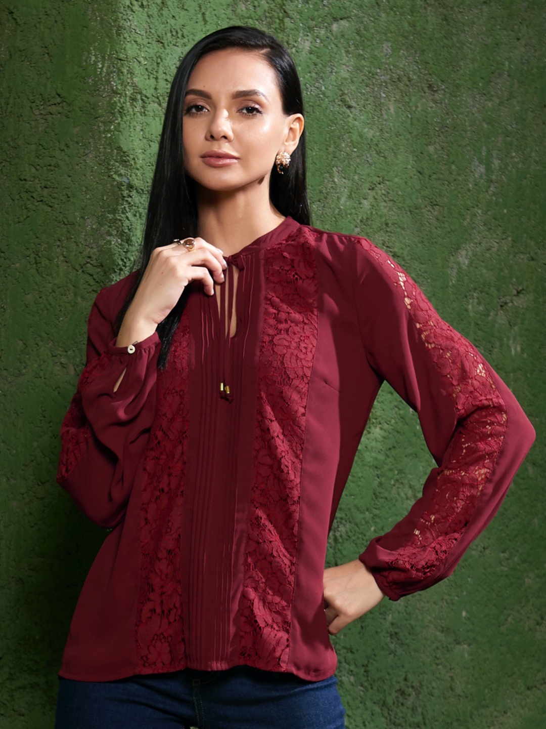 

Style Island Tie-up Neck Crepe Shirt Style Top, Red