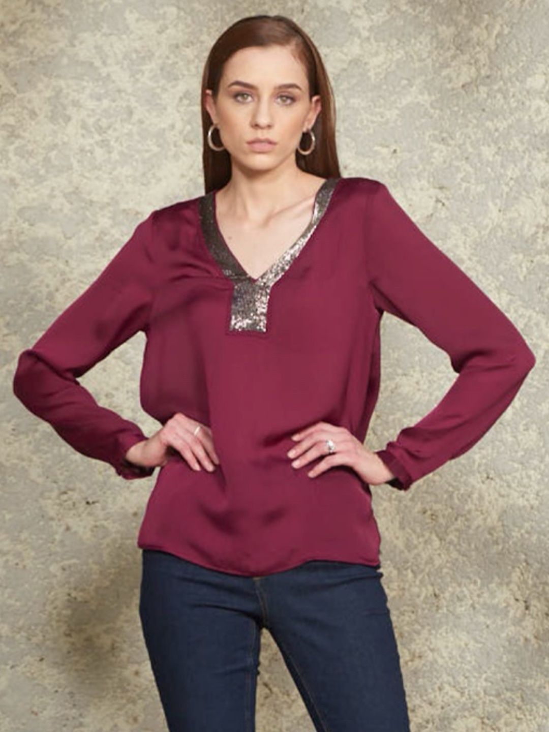 

Style Island Regular Fit Sequined Top, Maroon