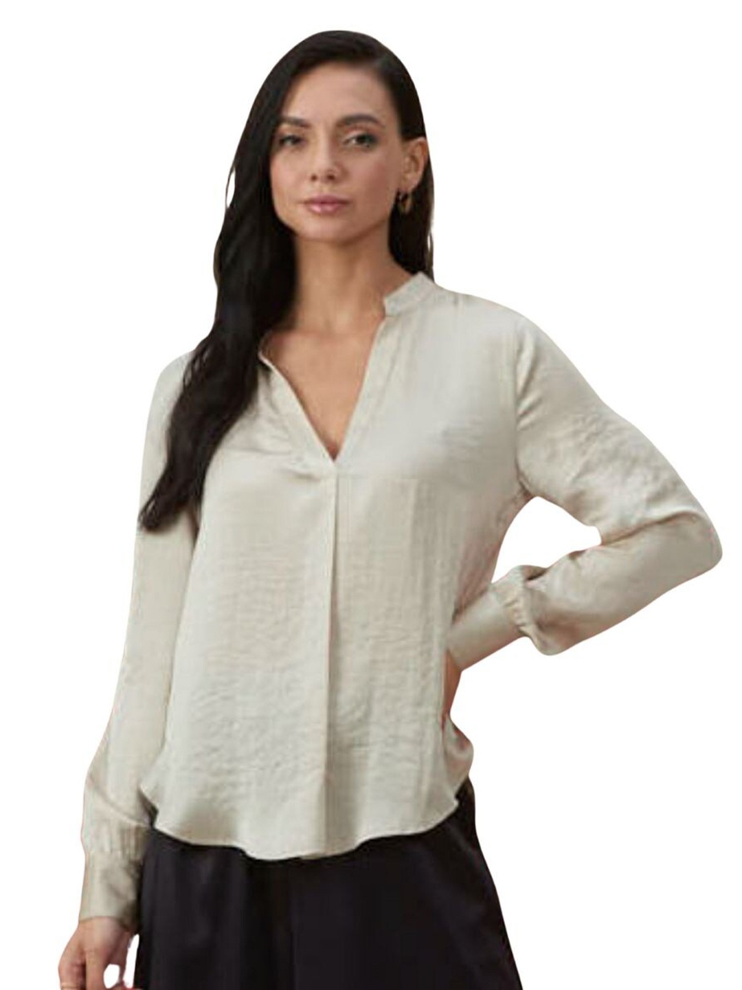 

Style Island Women Beige Print Mandarin Collar Satin Shirt Style Top
