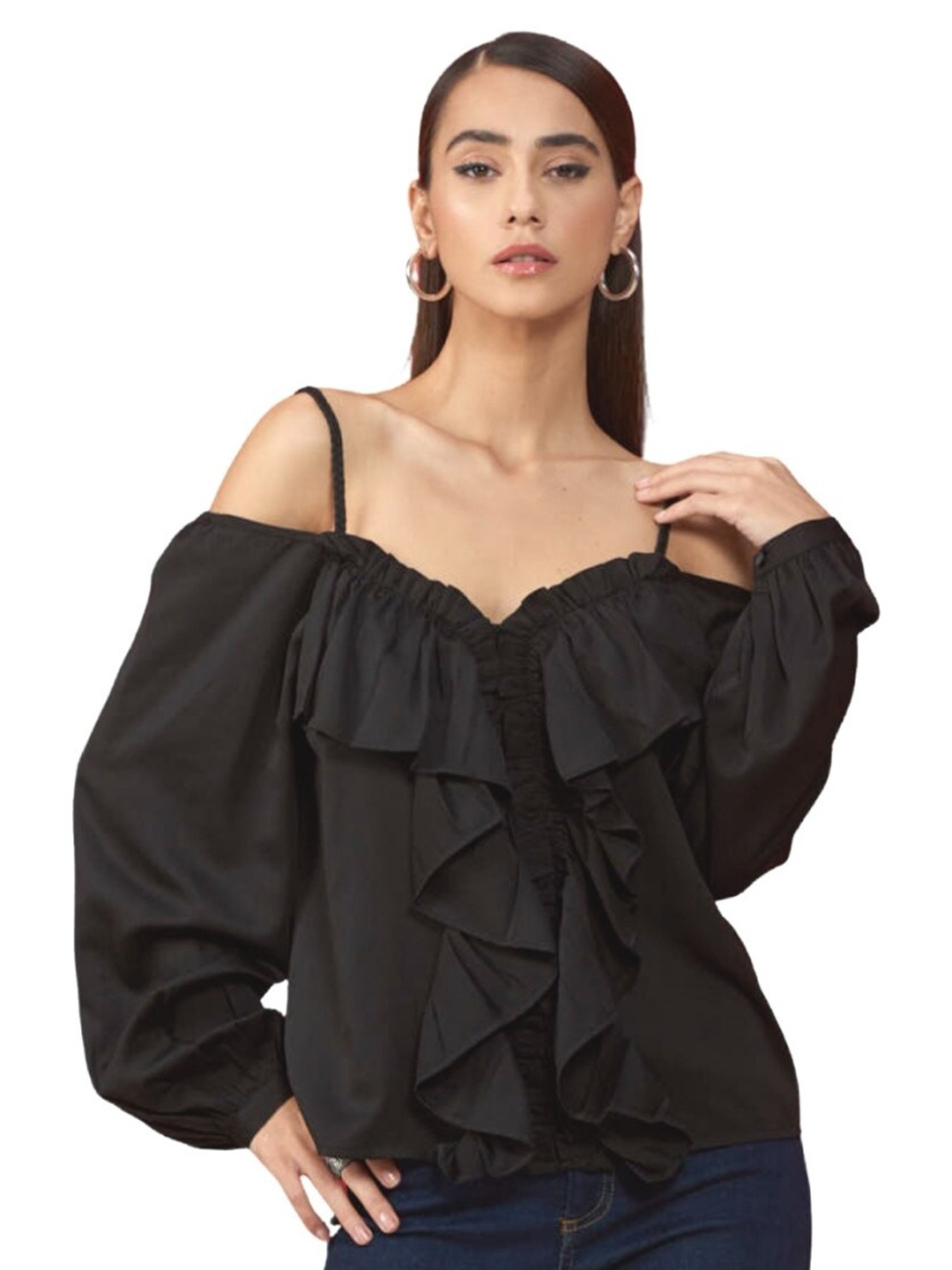 

Style Island Women Black Ruffles Bardot Top