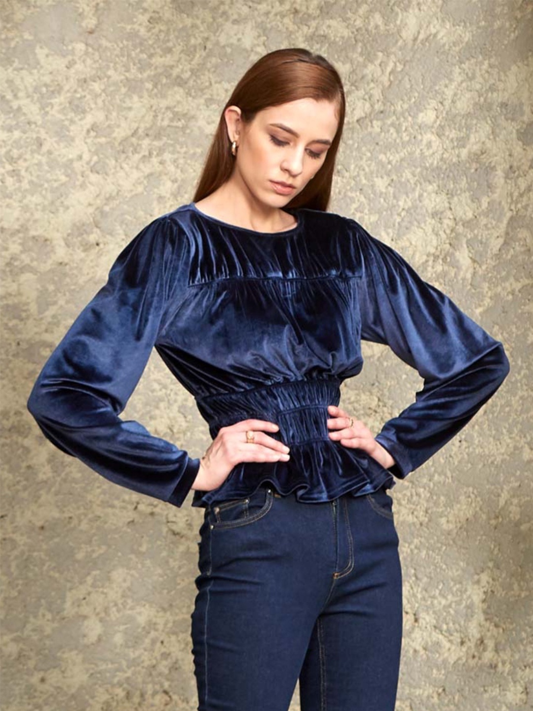 

Style Island Blue Velvet Cinched Waist Top