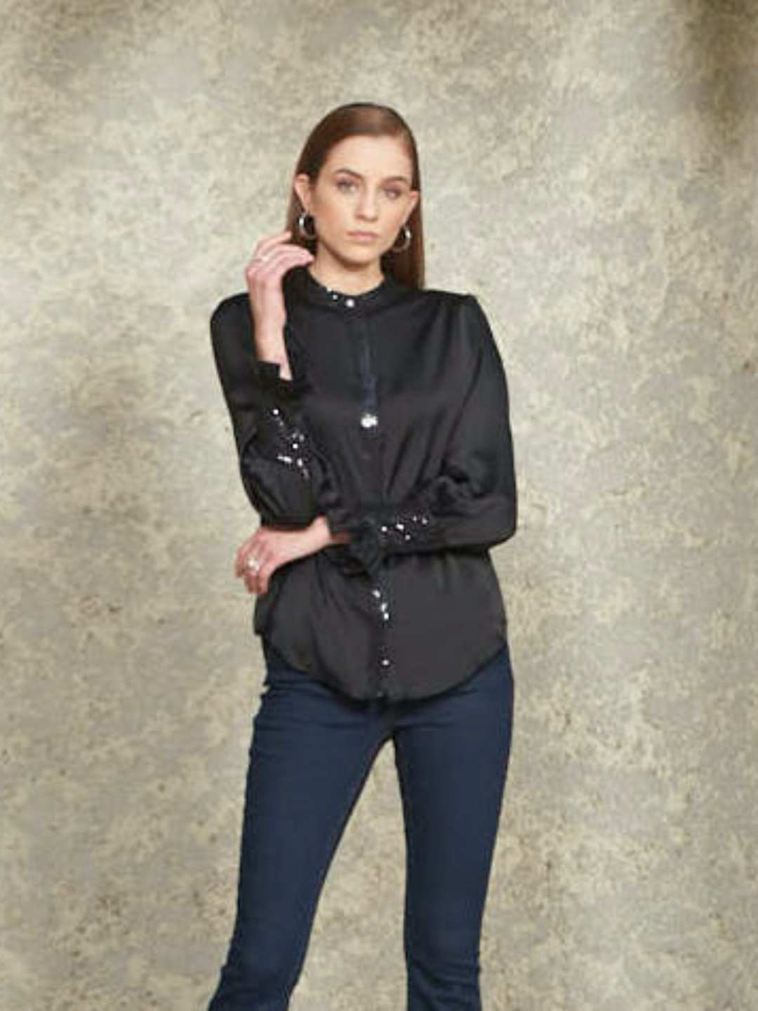 

Style Island Black Mandarin Collar Shirt Style Top