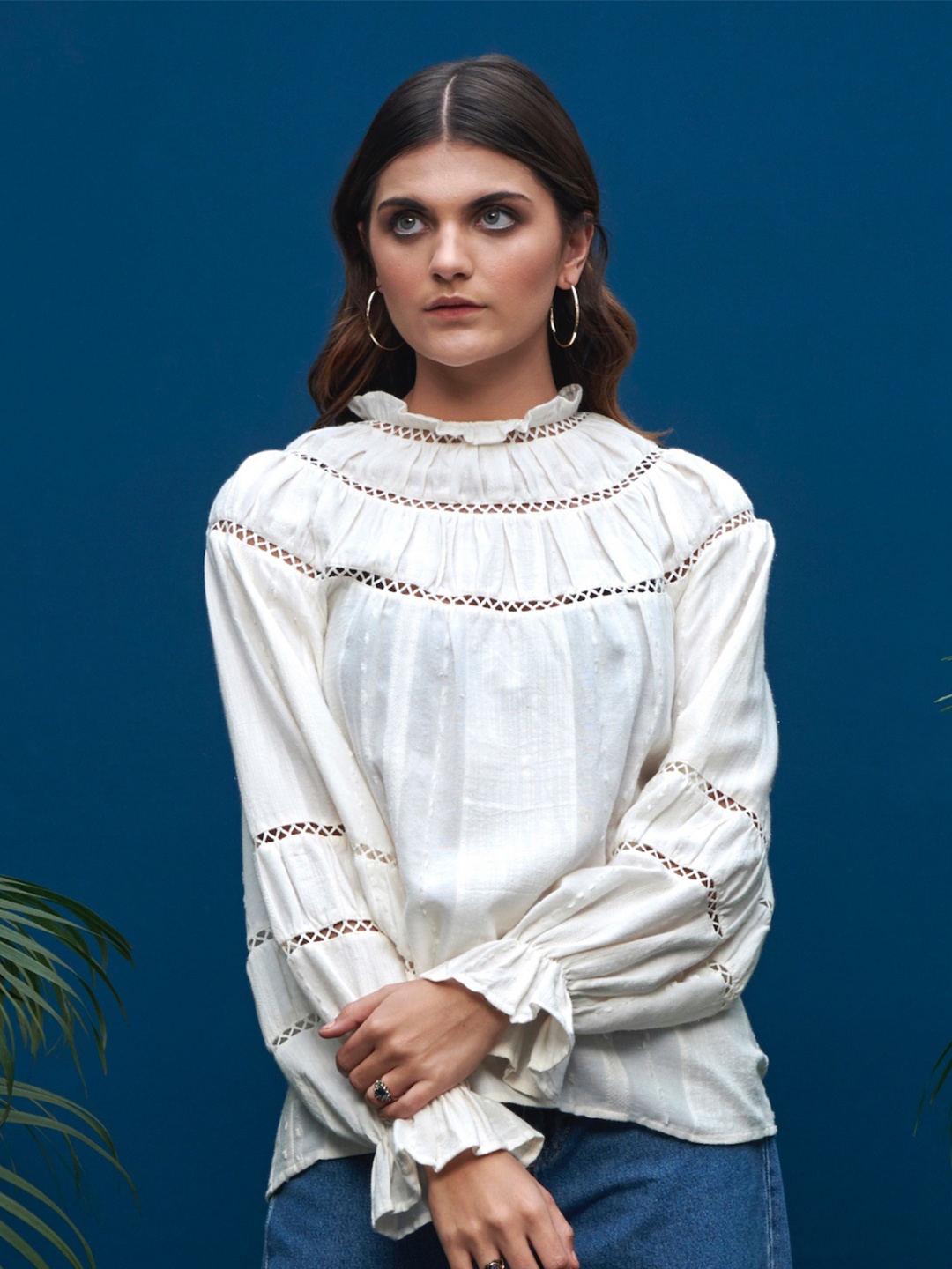 

Style Island High Neck Cuffed Sleeves Top, White