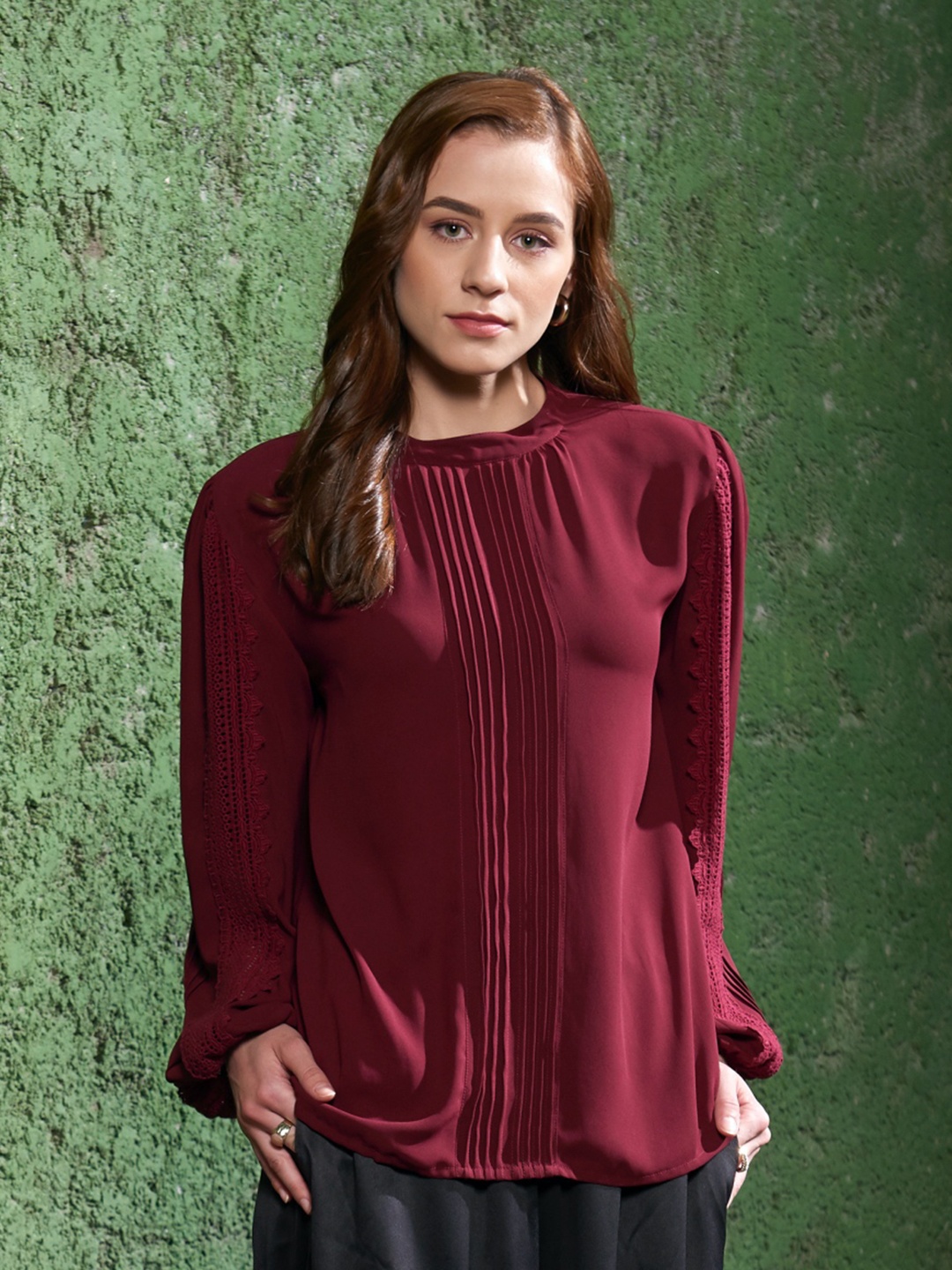 

Style Island Self Design Round Neck Top, Maroon