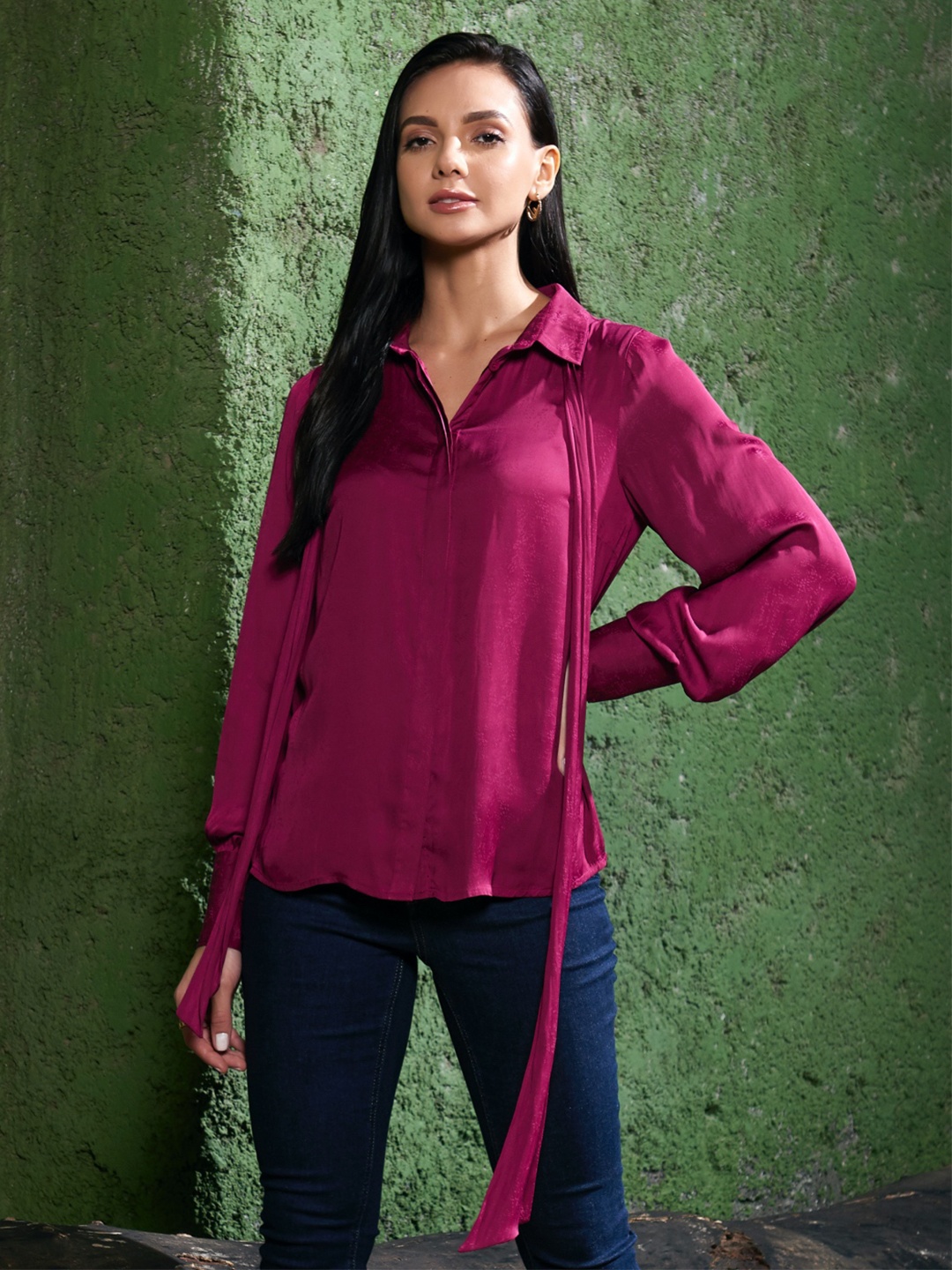 

Style Island Cuffed Sleeves Shirt Style Top, Purple