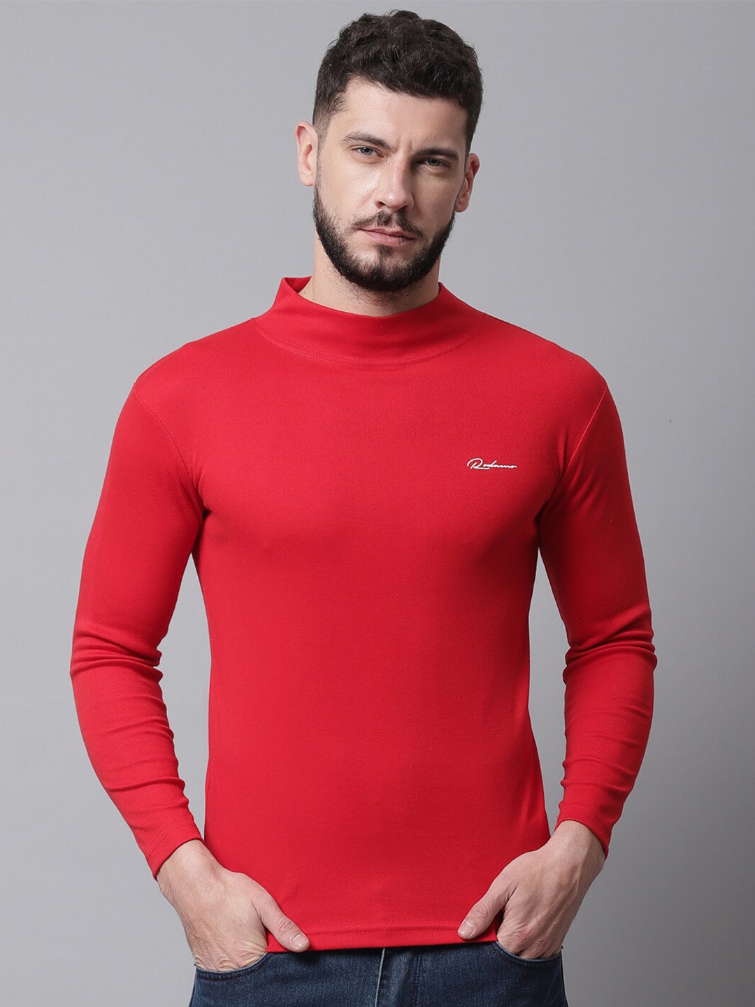 

Rodamo Men Red High Neck Slim Fit Cotton T-shirt