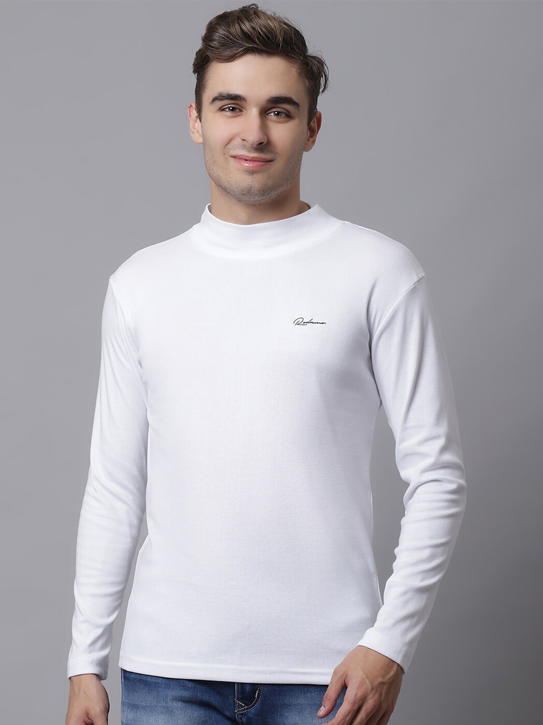 

Rodamo Men White High Neck Slim Fit Cotton T-shirt