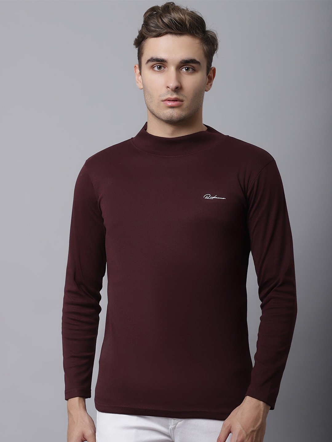 

Rodamo Men Maroon Cotton High Neck Solid Slim Fit T-shirt