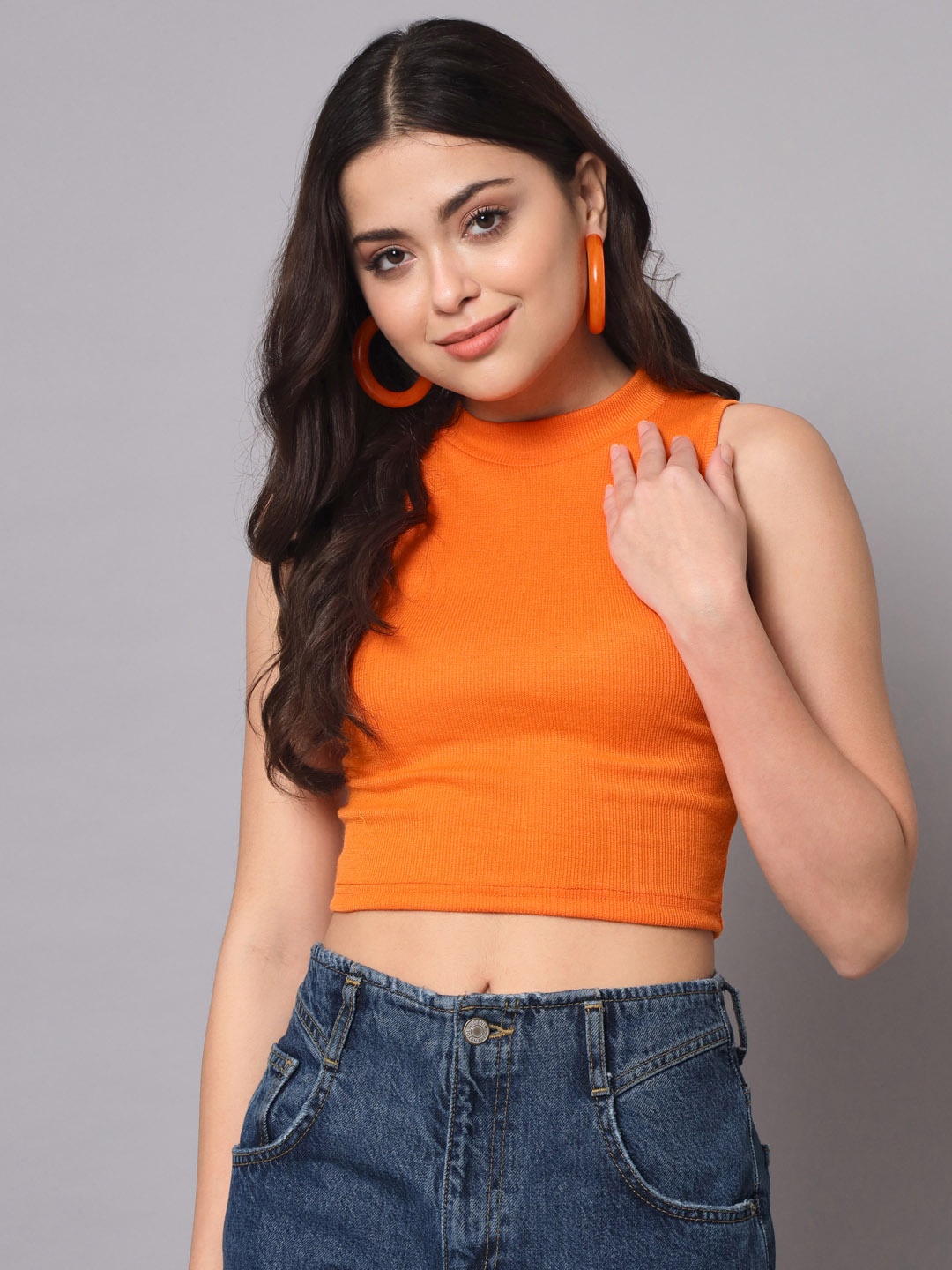 

AAHWAN Crop Sleeveless Fitted Top, Orange