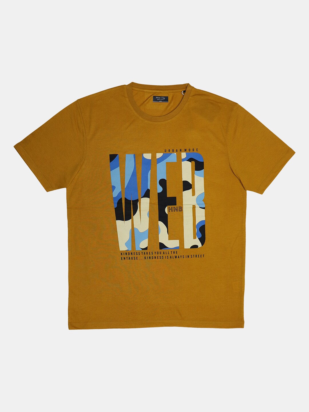 

HARBOR N BAY Men Mustard Yellow Printed Cotton T-shirt