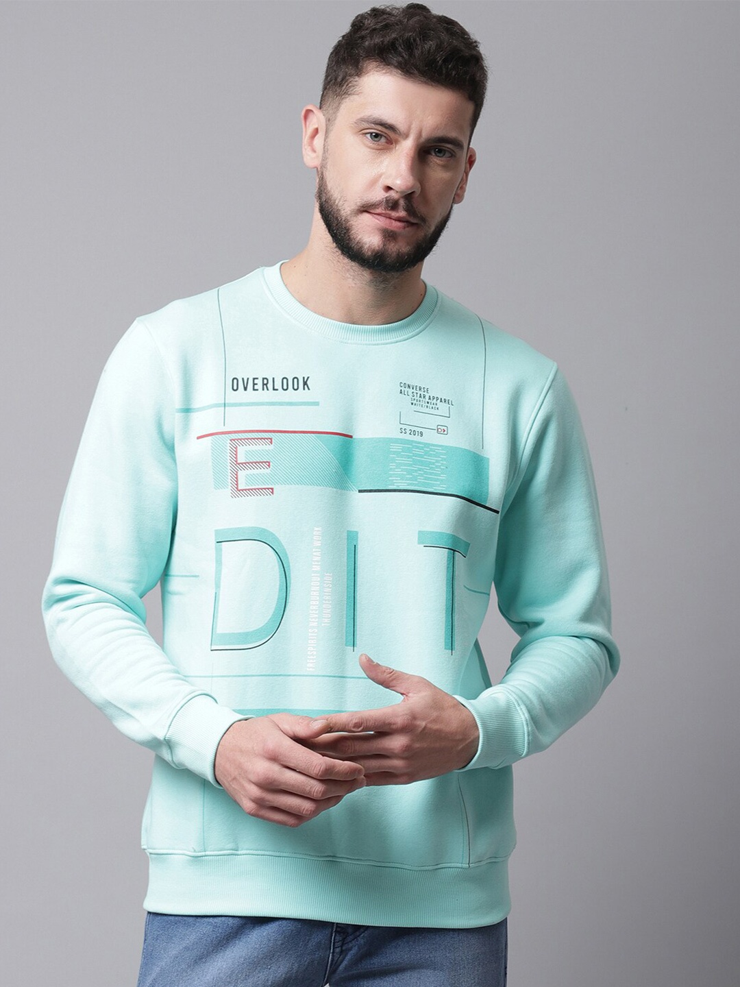 

Rodamo Round Neck Printed Fleece Sweatshirt, Blue