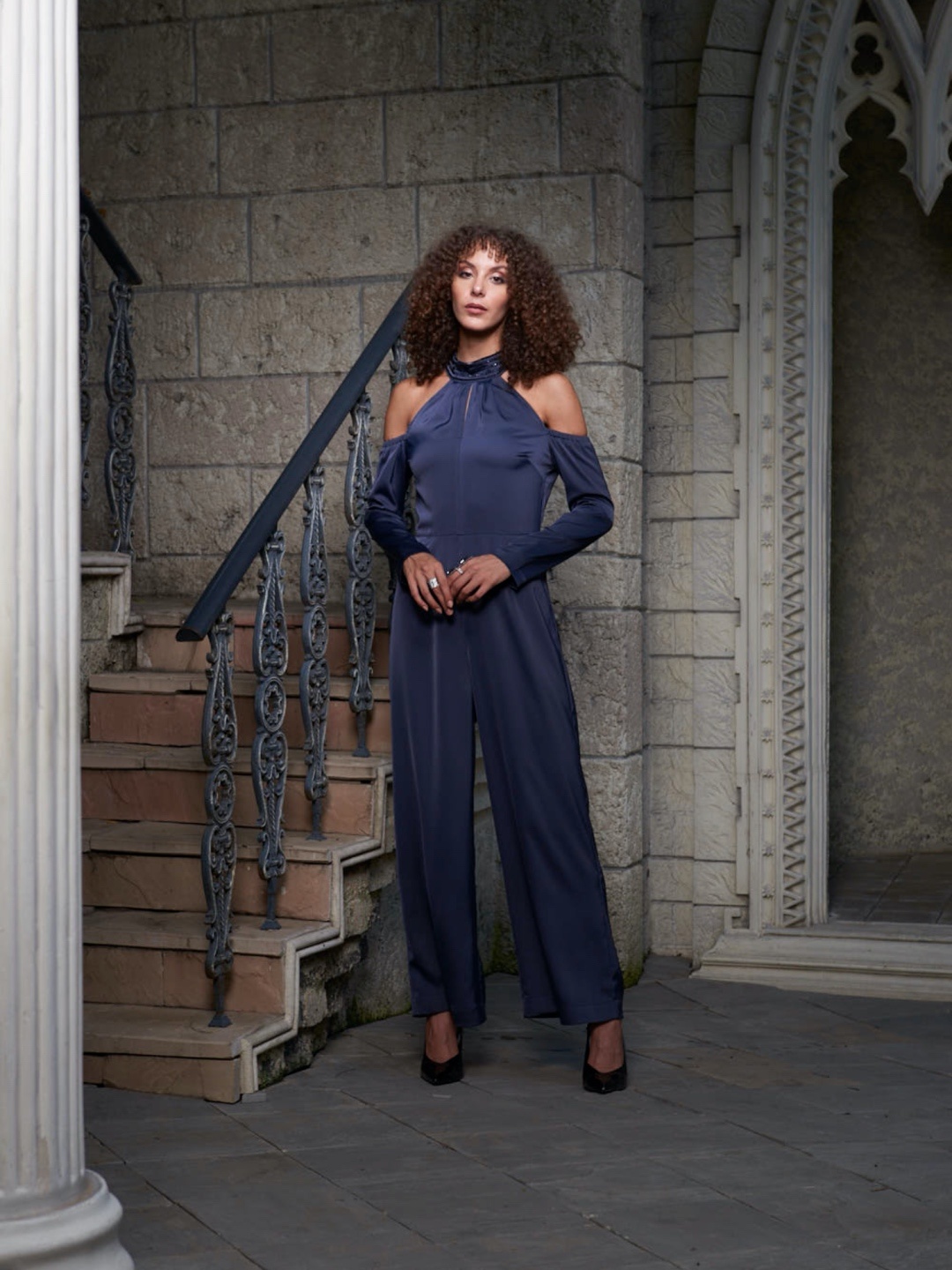 

Style Island Women Blue Off-Shoulder Basic Jumpsuit with Embellished