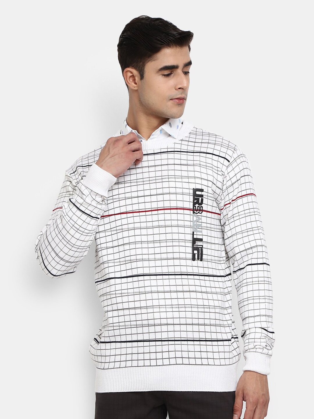

V-Mart Round Neck Checked Fleece Sweatshirt, White