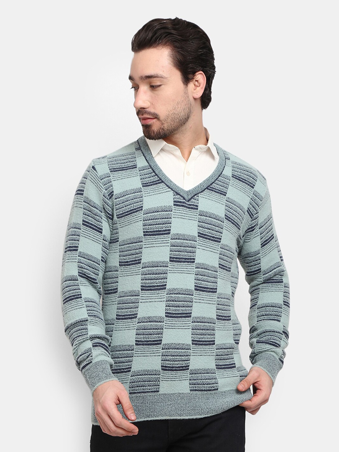 

V-Mart Men Sea Green Checked Fleece Sweatshirt