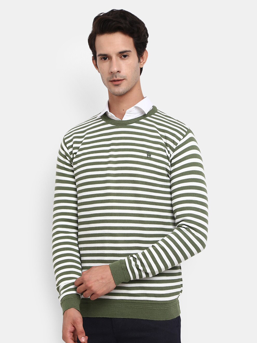 

V-Mart Men Green Striped Fleece Sweatshirt