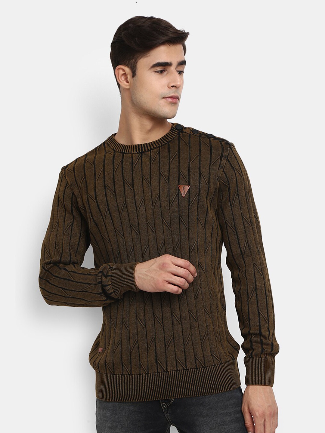 

V-Mart Men Brown Striped Fleece Sweatshirt
