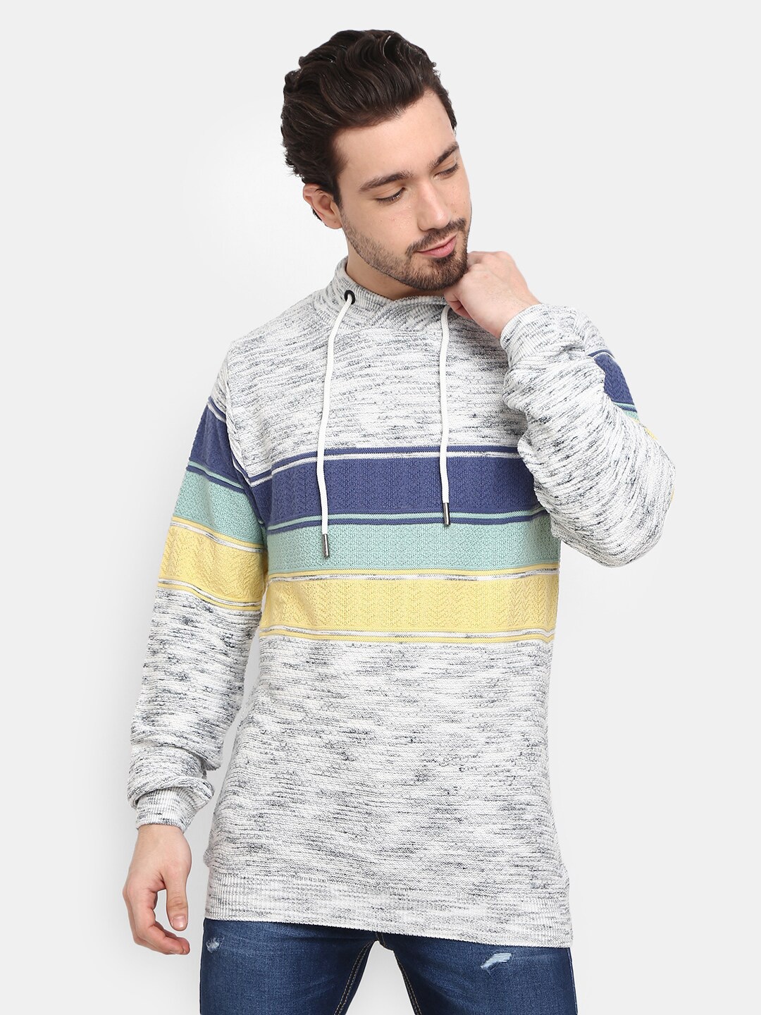 

V-Mart Men Grey Striped Fleece Sweatshirt