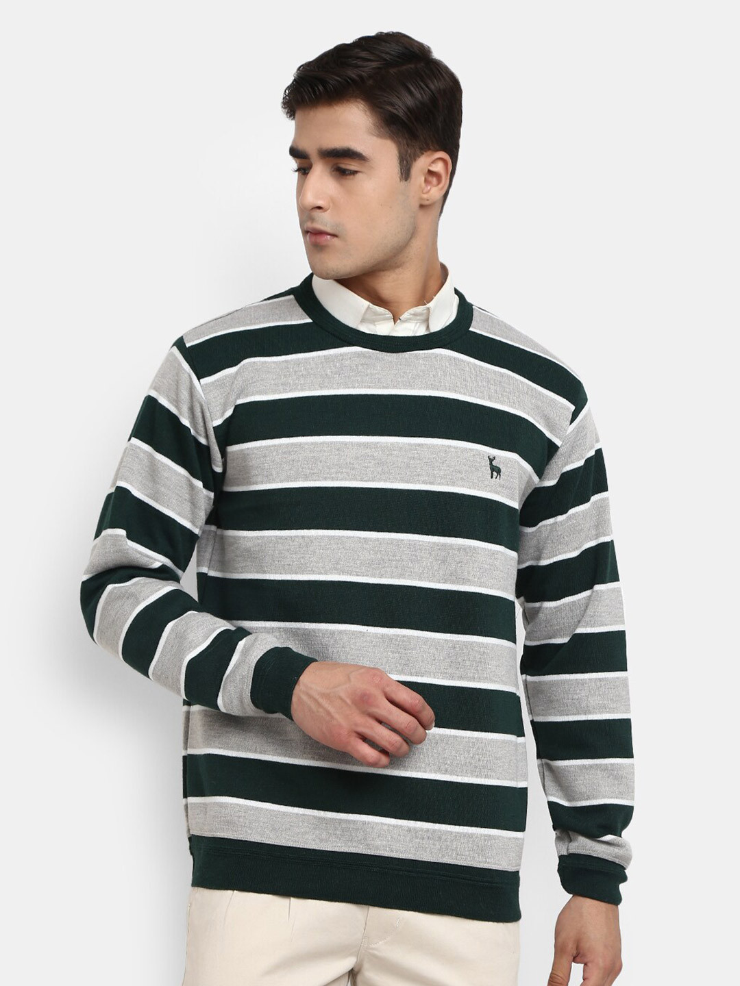 

V-Mart Men Green Striped Fleece Sweatshirt