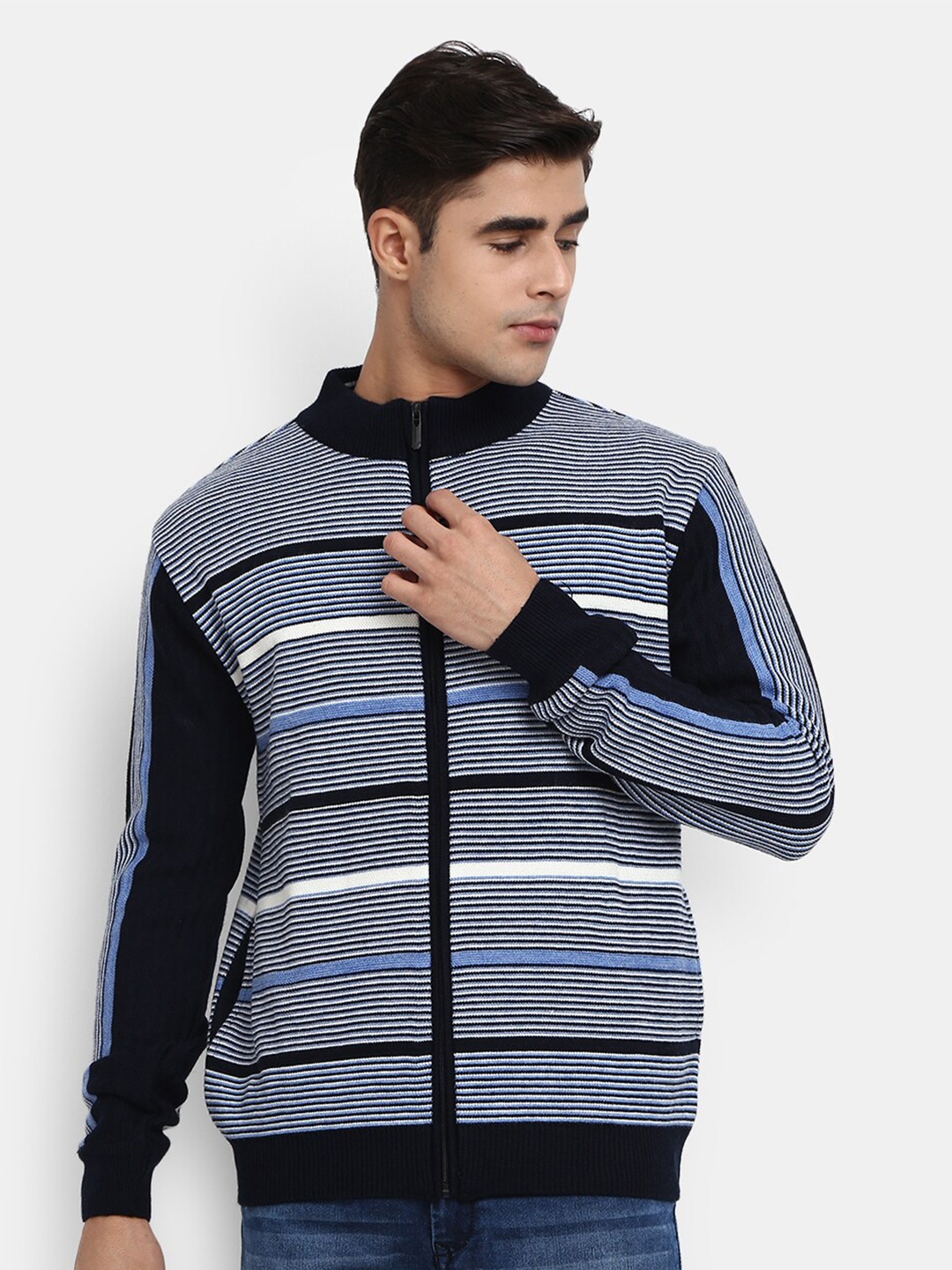 

V-Mart Mock Collar Striped Fleece Sweatshirt, Blue