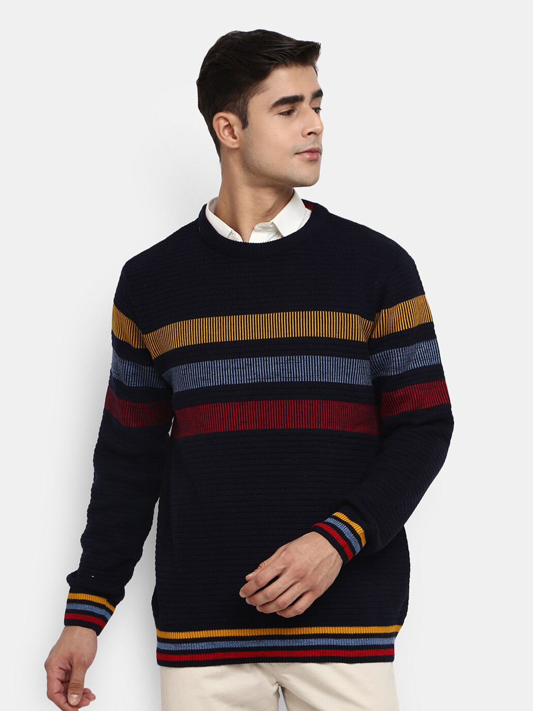 

V-Mart Men Navy Blue Striped Sweatshirt