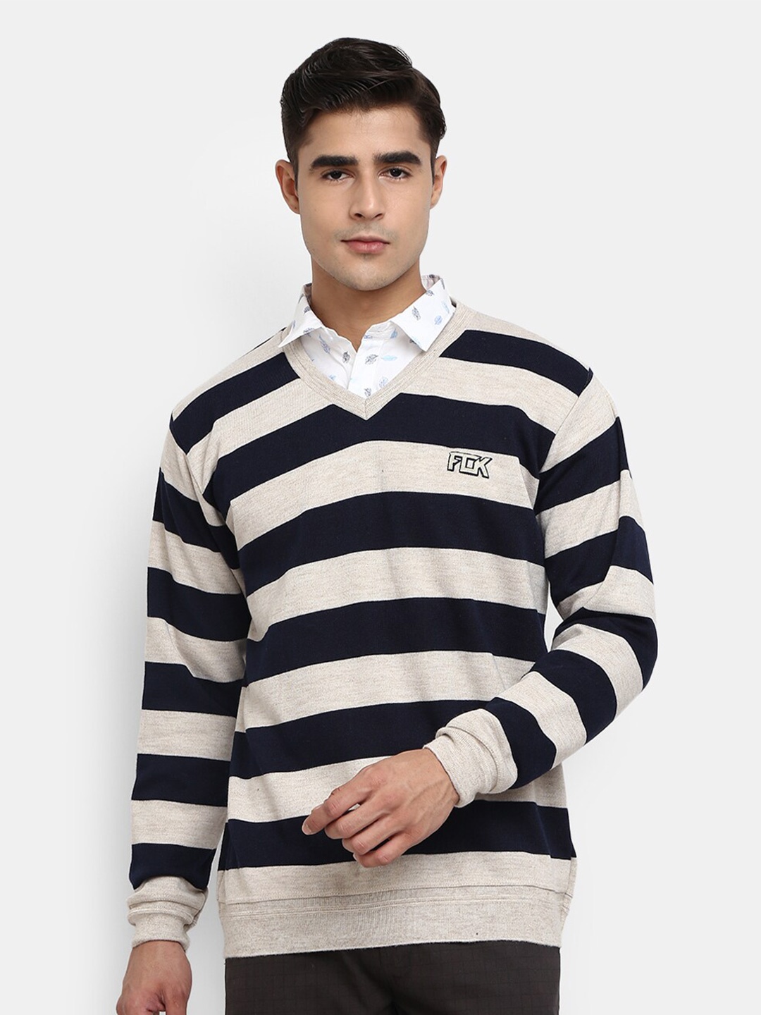 

V-Mart Men Navy Blue Striped Sweatshirt