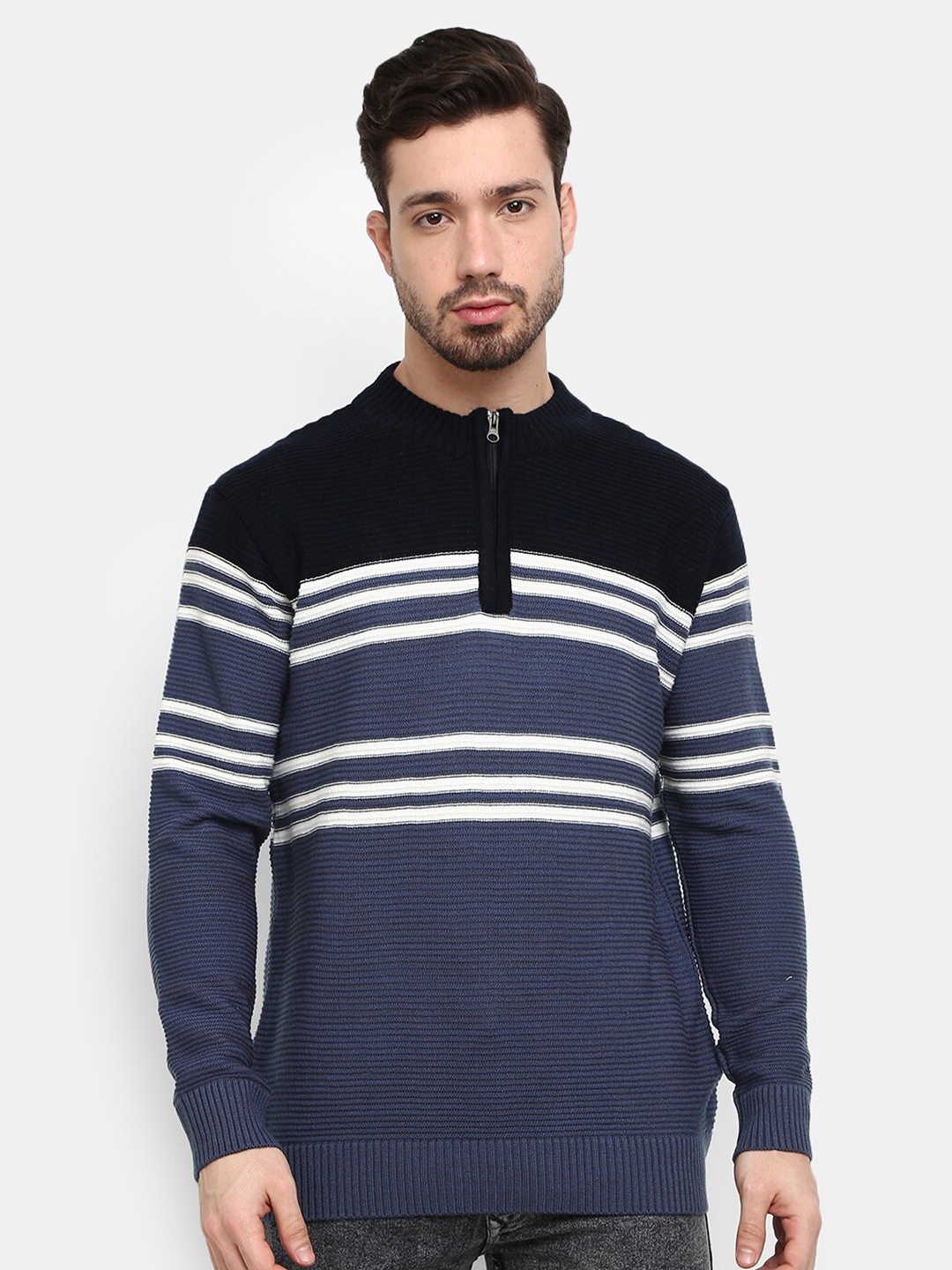 

V-Mart Mock Collar Striped Fleece Sweatshirt, Blue