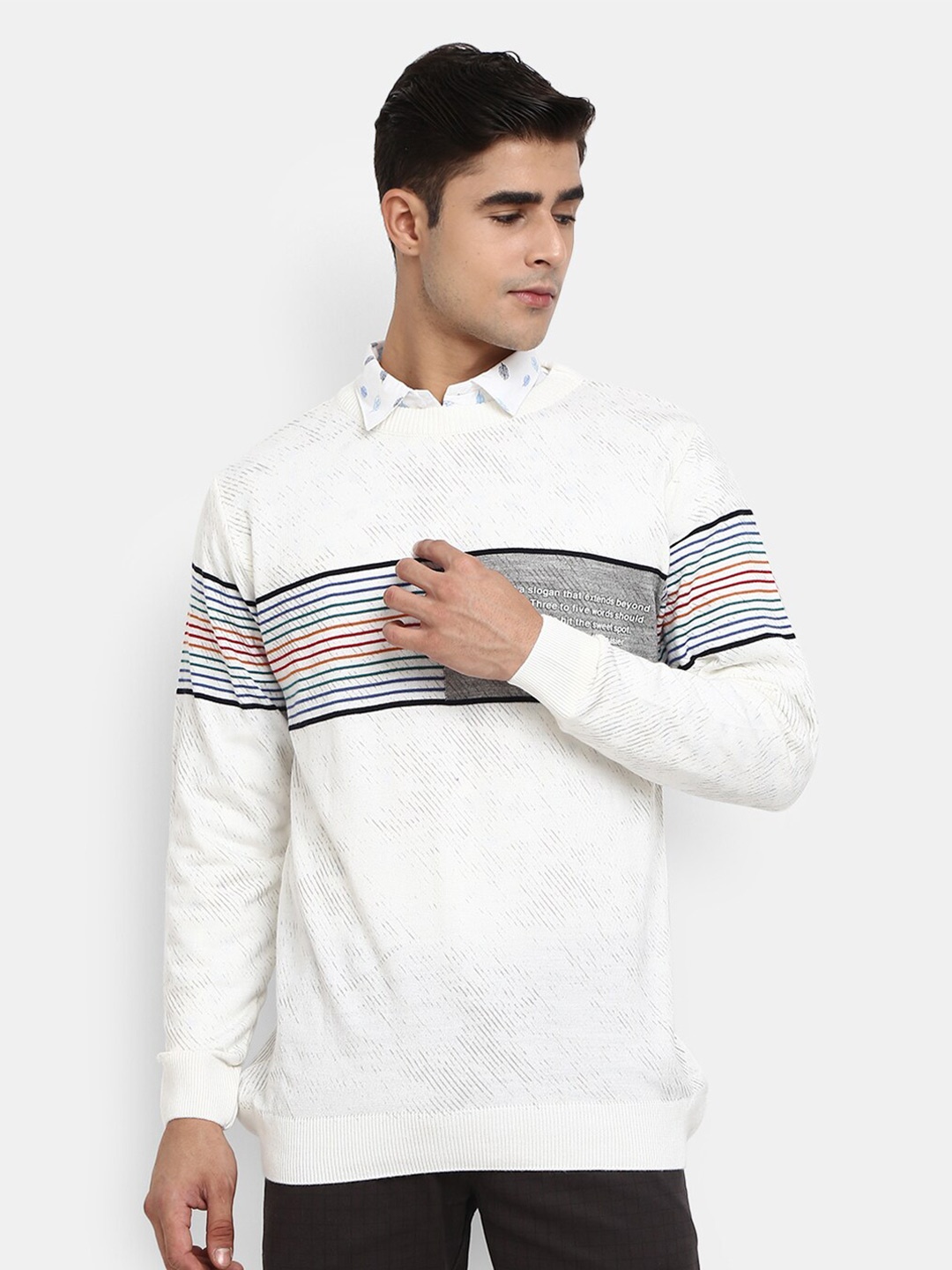 

V-Mart Men Off White Striped Sweatshirt