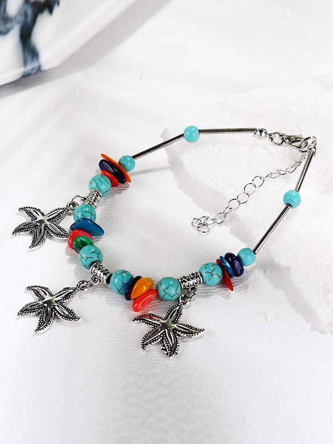 

Young & Forever Turquoise Blue Beaded & Silver Plated Starfish Anklet