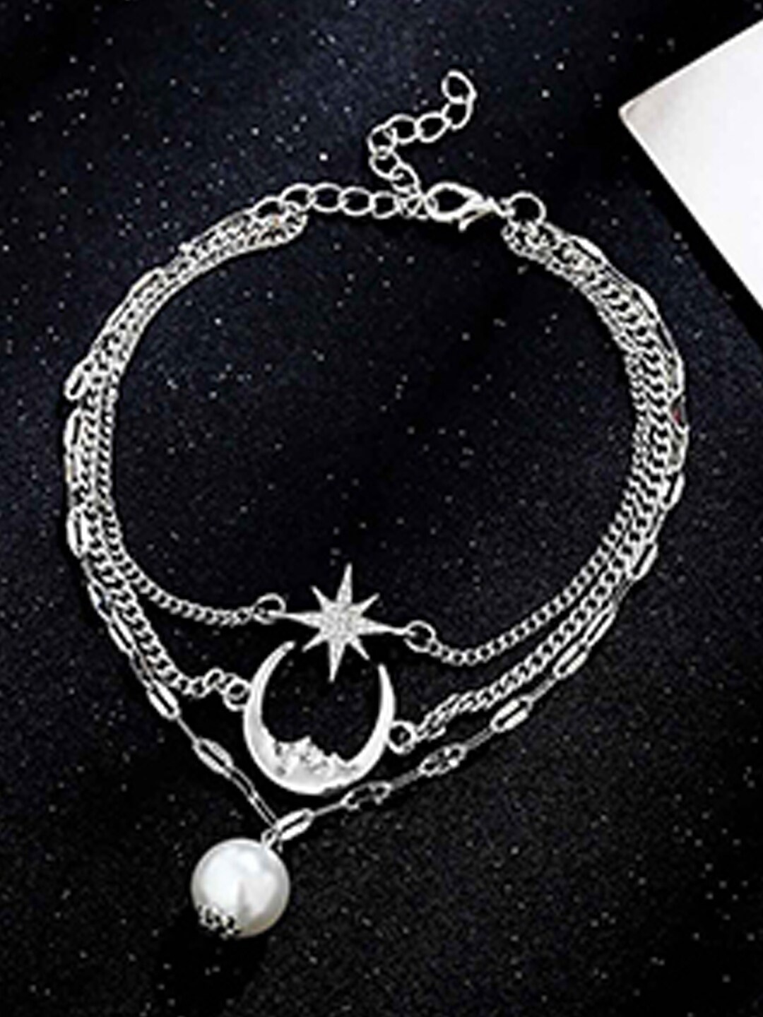 

Young & Forever Women White Pearl Beaded Silver-Plated Moon Star Layered Anklet