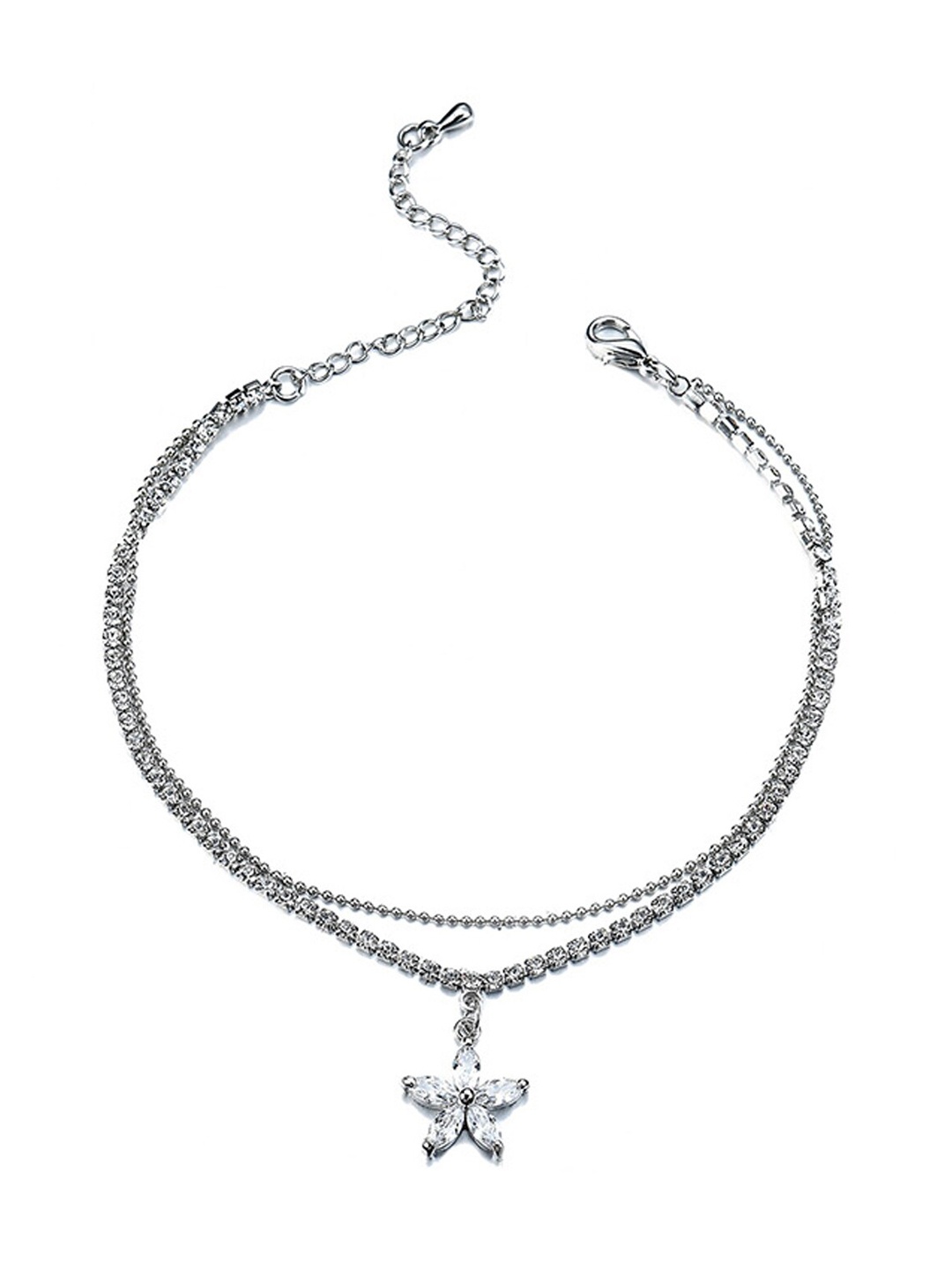 

Young & Forever Women White Flower Crystal-Studded Silver-Plated Layered Anklet