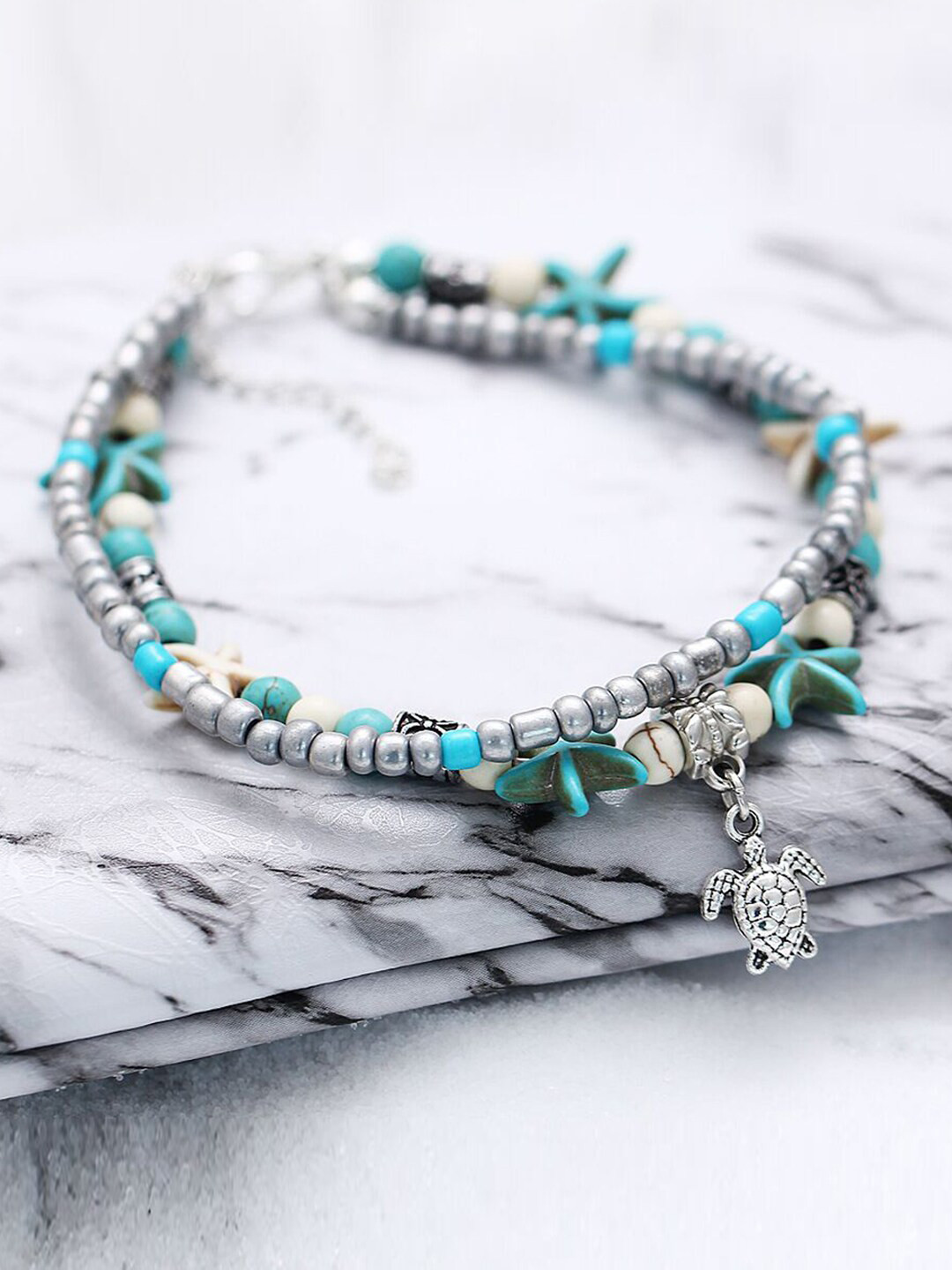 

Young & Forever 925 Sterling Silver & Turquoise Blue Beaded Bohemian Turtle Beach Anklet