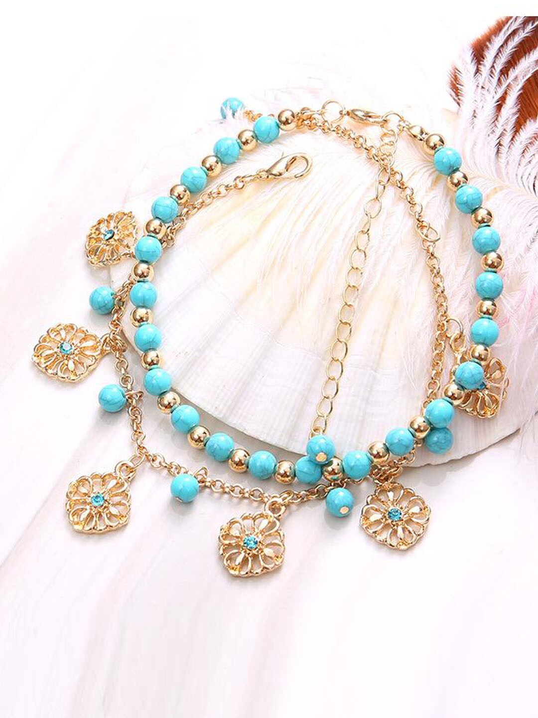 

Young & Forever Women Set of 4 Turquoise Blue & Gold Plated Anklets